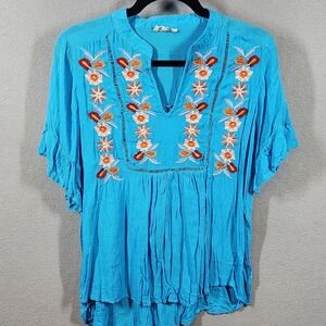 Entro Shirt Womens Small Blue Embroidered Floral Boho Blouse Top Rayon Tunic